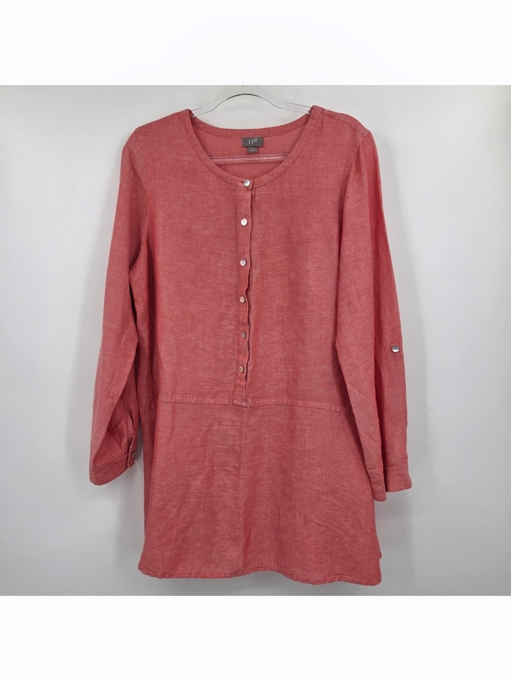 J. Jill Muted Red Linen Blend Tunic Blouse Large 3/4 Sleeve Button Front